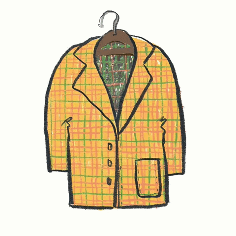 Hand-drawn illustration of a yellow checked coat on a hanger