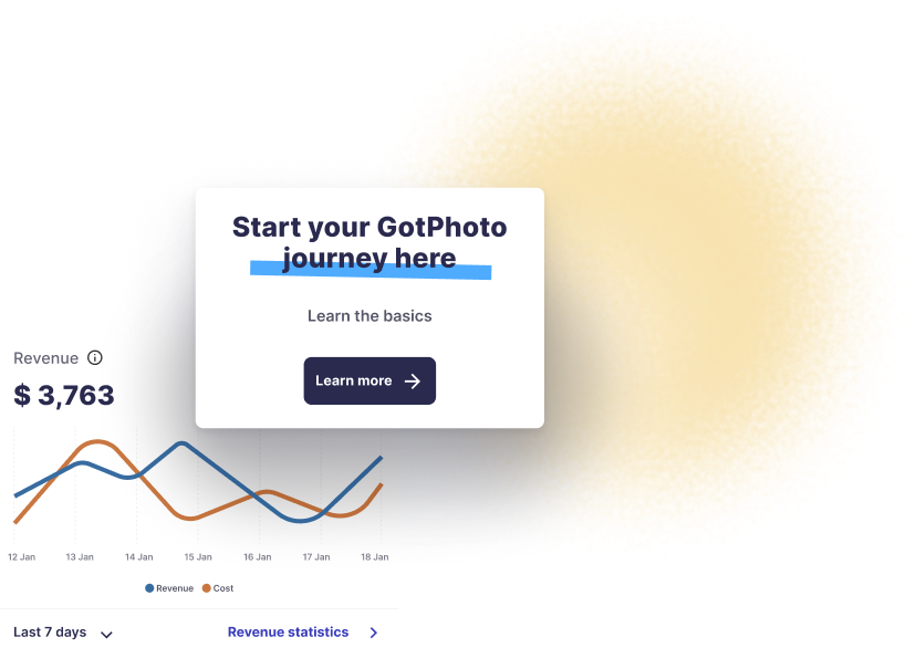 GotPhoto dashboard redesign preview: revenue chart and onboarding card